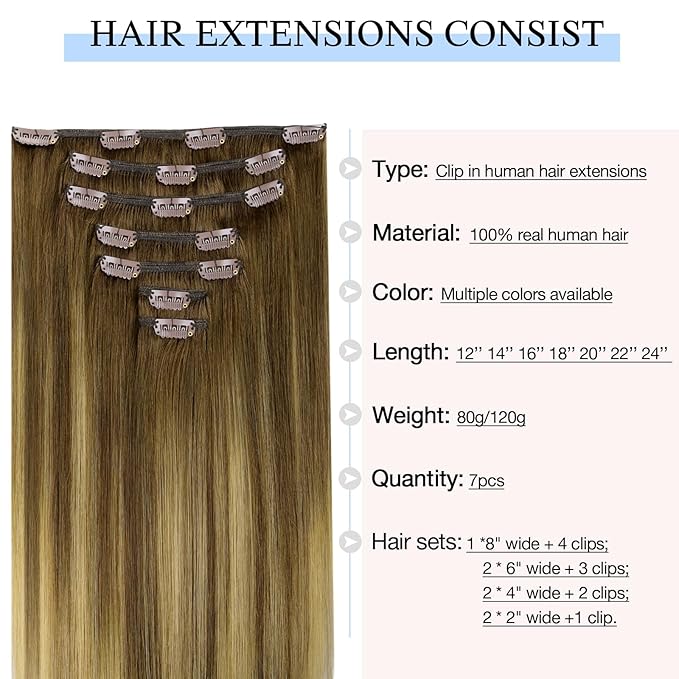 DOORES Remy Human Hair Extensions Clip in, Medium Brown Highlighted Dirty Blonde 22 Inch 7pcs 120g, Clip in Hair Extensions Real Natural Hair Extensions Straight Thick
