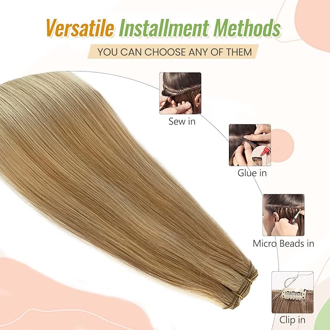 Human Hair Sew in Bundles Blonde Highlights Weft Hair Extensions Sew in Real Human Hair Balayage Strawberry Blonde with Bleach Blonde Weave Bundles16 Inch 100grams