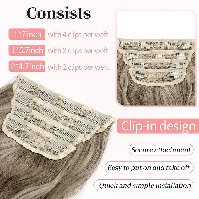 KooKaStyle Clip in Synthetic Hair Extensions Long Wavy 4PCS Thick Hairpieces Ash Brown mix Light Blonde Fiber Double Weft Natural Hair Extensions 20 Inch for Women
