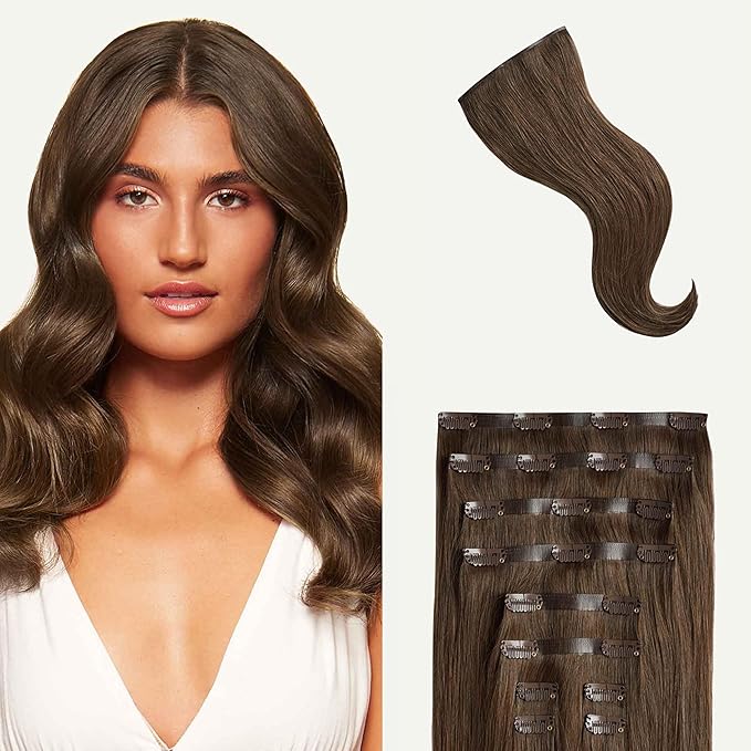 Luxy 100% Remy Human Hair - Seamless Clip-In Hair Extensions - Multi-Dimensional Color for Natural Blending, Adds Volume & Length 50 grams 12" Neutral Brown Seamless