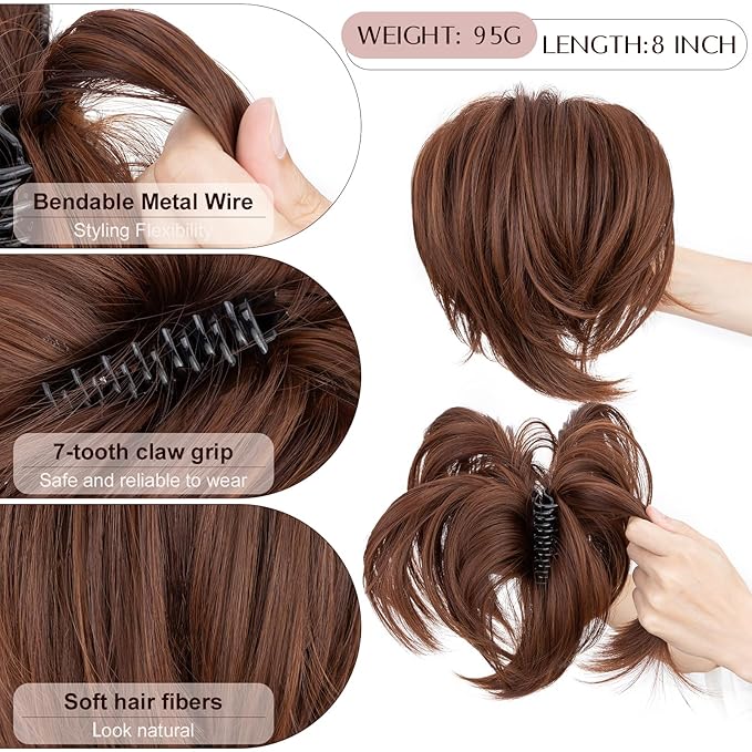 Claw Clip Short Ponytail Hair Extensions Messy Bun Hair Piece Pony Tails Hair Extensions with Bendable Metal Wire Hair Pieces DIY Style 8 Inch 30H33A Brown & Auburn
