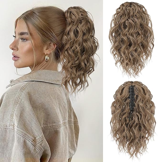 Flufymooz Ponytail Extension, 12" Short Claw Ponytail Extension Wavy Curly Jaw Clip in Pony Tail Hairpiece Natural Synthetic Hairpiece for Women (Brown Ash Blonde)