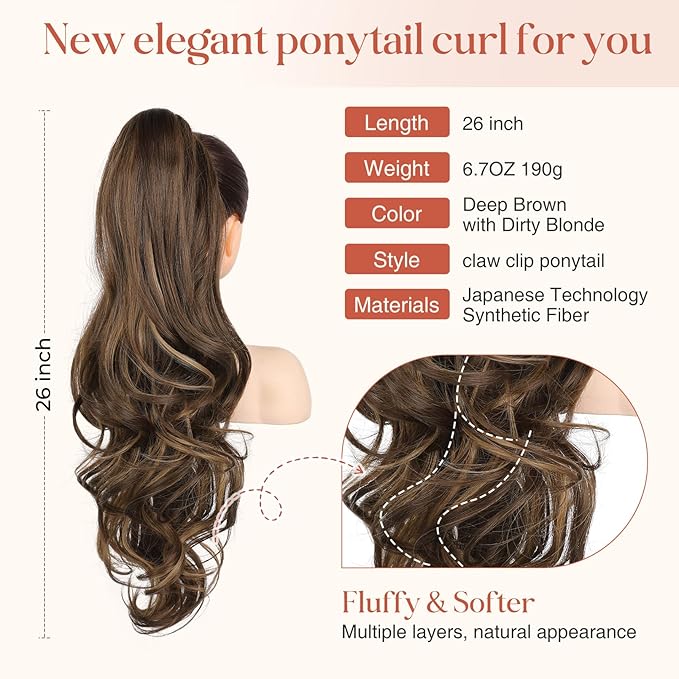 Flufymooz 26" Ponytail Extension, Long Wavy Curly Claw Clip in Ponytail Hair Extensions, Natural Synthetic Hairpiece for Women Daily Wear(Deep Brown with Dirty Blonde)