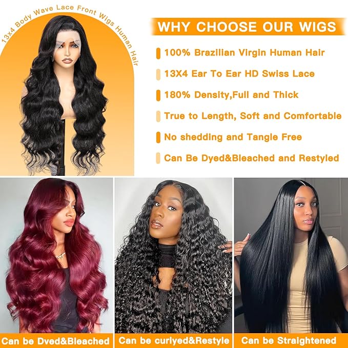 Lace Front Wigs Human Hair 200 Density Body Wave Lace Front Wigs 13x4 HD Transparent Lace Frontal Wigs for Women Glueless Wigs With Baby Hair 20 Inch