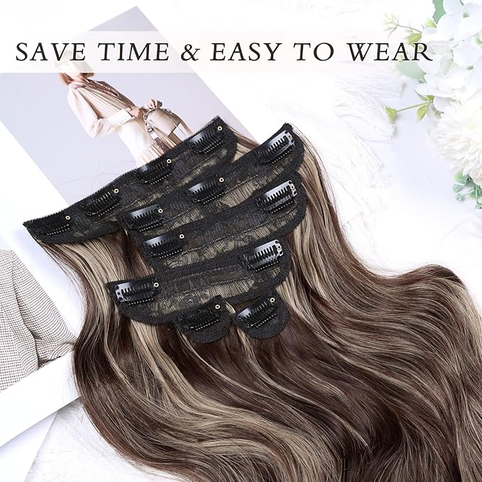 NAYOO Clip in Hair Extensions for Women 14 Inch Short Wavy Curly Dark Brown Mix Blonde Hairpieces Full Head Synthetic Hair Hairpieces(6PCS, Dark Brown Mix Blonde)