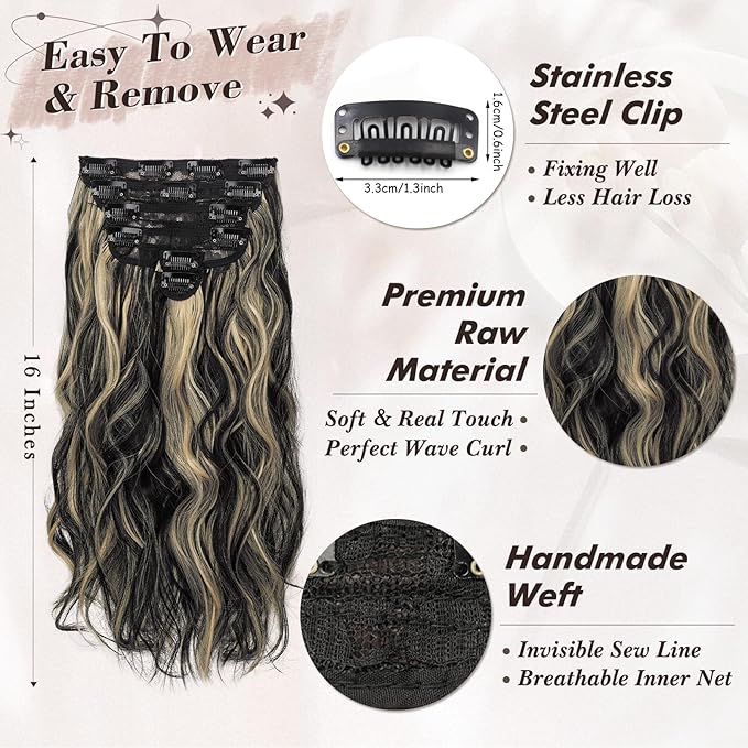 BARSDAR Black with Blonde Highlight Wavy Clip in Hair Extensions - Beach Wavy Clip in Hair Extensions for Women - 16 Inch 6 PCS Thick Soft Synthetic Highlights Hairpieces Daily Party Halloween