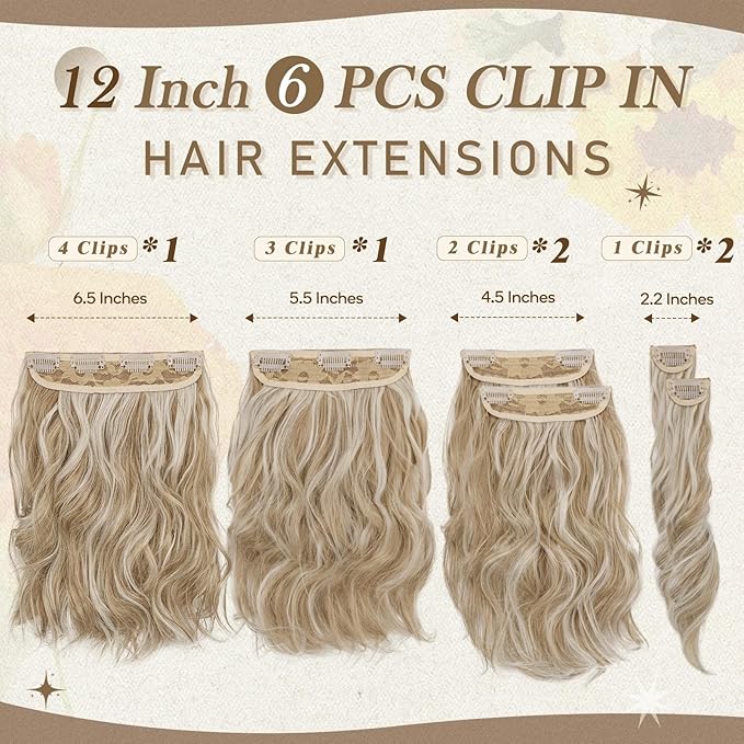 BARSDAR Short Wavy Clip in Hair Extensions - 12 Inch Blonde Clip in Hair Extensions for Women - 6PCs Thick Soft Synthetic Clip-ins Hairpieces Daily - Medium Blonde with Highlights