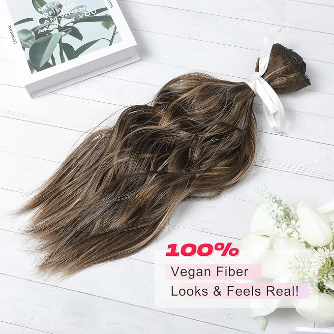 Hair Extensions, 14" Short Clip in Hair Extensions 4PCS Beach Wave Blonde Natural Soft Synthetic Hairpiece for Women - Chocolate Brown with Highlights