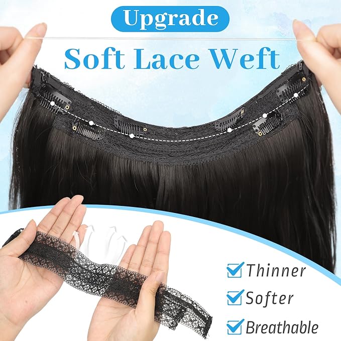 KooKaStyle Invisible Wire Hair Extensions with Transparent Wire Adjustable Size 6 Secure Clips Long Wavy Layered Synthetic Hair Extensions Natural Black 16 Inch