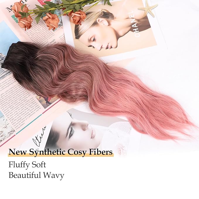 20 Inch Clip in Hair Extensions Long Wavy Synthetic Hair Extensions Thick Pink Hair Extension Clip ins Double Weft Hair Extension for Women (20INCH, PINK)