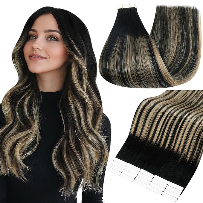 Full Shine Tape in Extensions Human Hair 20 Inch Color 1B/27/1B Black with Blonde Double Sided Human Hair Extensions Tape in 50g Seamless Tape ins Human Hair Extensions 20PCS for Wedding