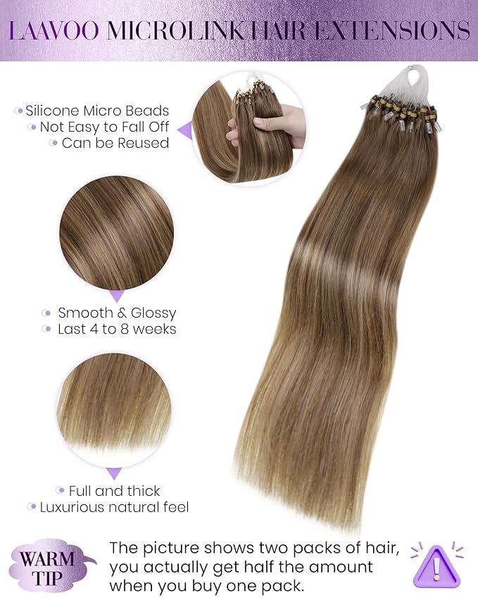 LaaVoo Microlink Hair Extensions Human Hair Balayage Micro Loop Hair Extensions Real Human Hair Light Brown to Golden Brown Mix Brown 50g 50s 18 inch