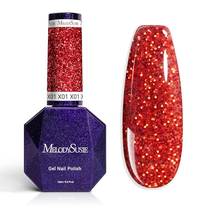 MelodySusie Galaliver Red Glitter Gel Nail Polish, 15ML Sparkly Shimmer Christmas Red Gel Polish Soak Off UV LED Cured Long Lasting Gift for Women DIY Nail Design Nail Art Manicure X01