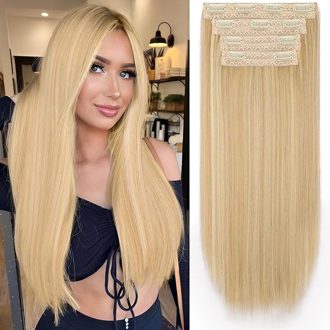 Clip in Hair Extensions Long Straight Synthetic Beige Blode 4 PCS Thick Hair Extensions Fiber Double Weft Hair Pieces for women 22 Inch