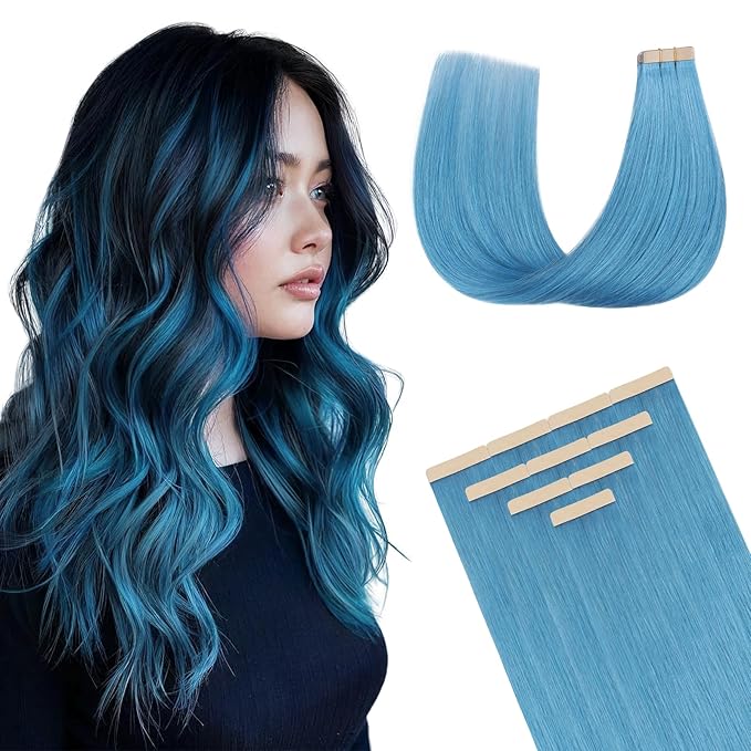 DOORES Human Hair Extensions - Turquoise Tape in, Straight, 30g 10pcs 22 Inch