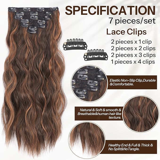 KooKaStyle Hair Extensions, 7PCS Clip in Hair Extension, 20 Inch Auburn Mix Chestnut Long Wavy Natural Soft Thick Hairpieces for Women