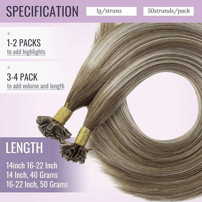 Fshine 16 Inch U Tip Hair Extension Real Human Hair Chestnut Brown to Platinum Blonde Keratin Hair Extensions 1g/Strand 50g/Pack Straight Nail Tip