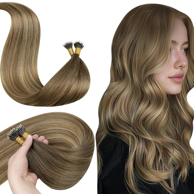 LaaVoo Nano Ring Hair Extensions Ombre Brown to Light Brown Mix Golden Brown Nano Bead Hair Extensions Brown Nano Extensions Human Hair 50s 50g 18in