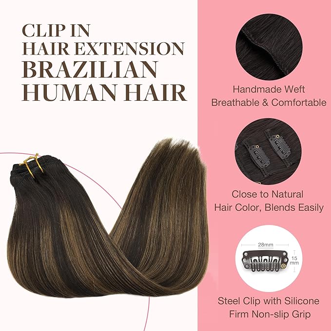 GOO GOO Clip in Hair Extensions Real Human Hair, Remy Human Hair Extensions Clip ins for Women, Natural Human Hair, 24inch 170g 7Pcs, #2/6/2 Balayage Dark Brown to Chestnut Brown