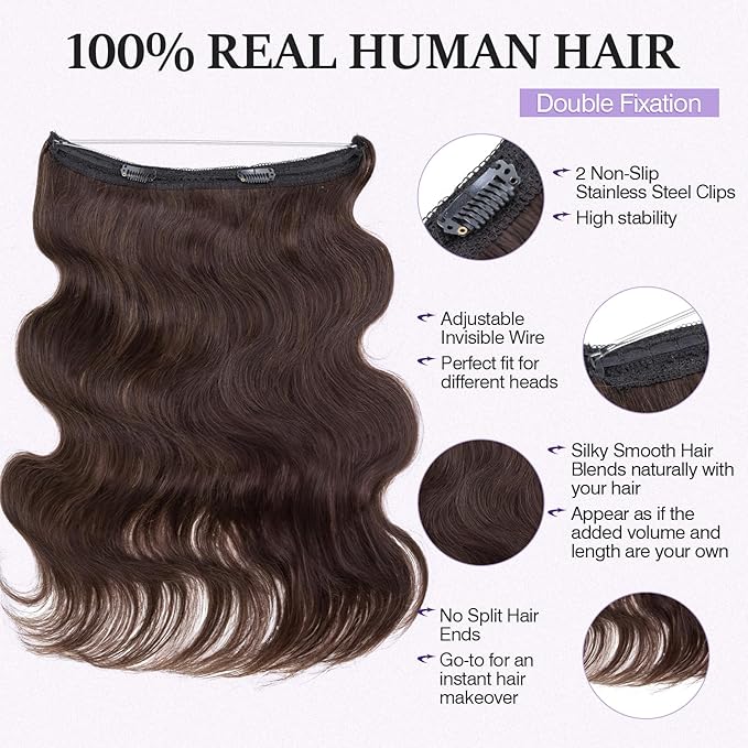 Halo Hair Extensions Real Human Hair,Halo Hair Extension 100% Human Hair,Wire Hair Extensions,Wavy 02 Dark Brown 70g/20inch