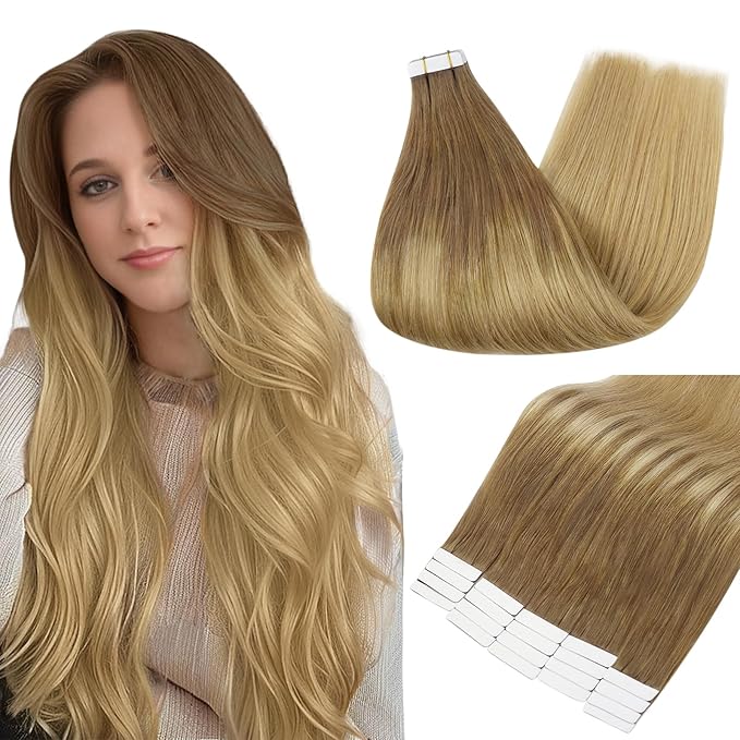 Full Shine Human Hair Tape in Extensions Color 10 Brown Fading to 14 Golden Blonde 12 Inch Invisible Double Sided Remy Tape in Hair Extensions Human Hair 20 PCS Seamless Skin Weft 30 Grams Add Volume