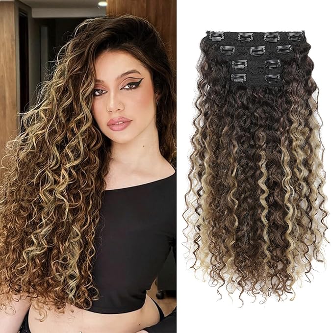 Clip in Hair Extensions, FLUFYMOOZ 4PC 100％ Pure Protein Silk Hair Extensions Long Soft Natural Hairpiece 20 Inch Curly Hair Extension for Women (Medium Brown Ash Blonde Highlight)