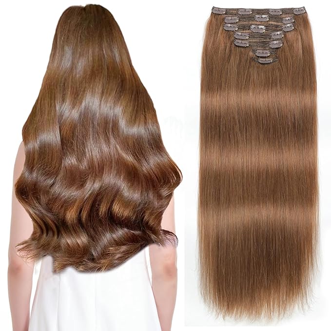 Sisily Clip in Hair Extensions Real Human Hair, 24 inch 180g, Medium Light Brown, 100% Brazilian Remy Human Hair Clip in Extensions Soft Straight 7pcs Per Set with 16 Clips Double Weft