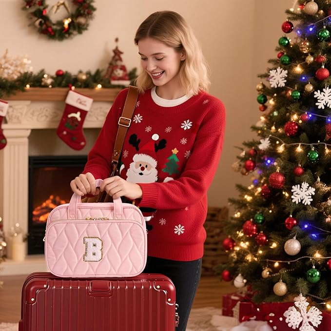 YOOLIFE Birthday Gifts for Women Teen Girls - Hanging Toiletry Bag Initial Makeup Bag, Personalized Large Toiletry Bag, Gifts for Women Teen Girls Daughter Sister - Letter M, Pink