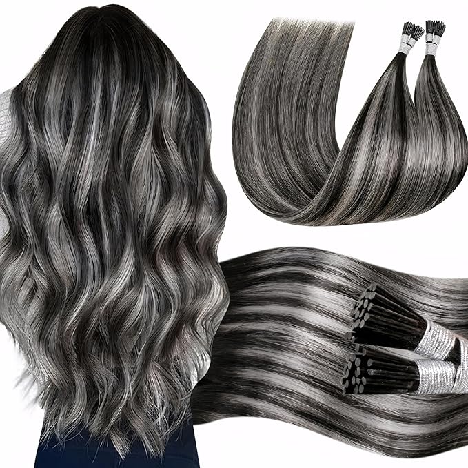 LaaVoo I Tip Hair Extensions Human Hair Balayage Black Mix Silver Grey Itip Human Hair Extensions Real Hair I Tips Hair Extension Cold Fusion 18inch 100g 100s