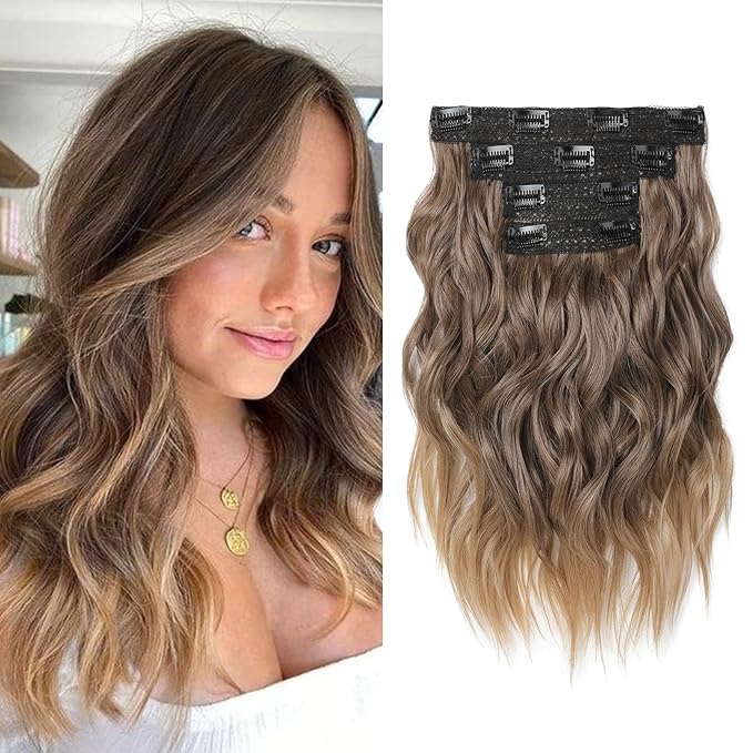 Hair Extensions, 14" Short Clip in Hair Extensions 4PCS Beach Wave Blonde Natural Soft Synthetic Hairpiece for Women - Light Brown with Golden Ends
