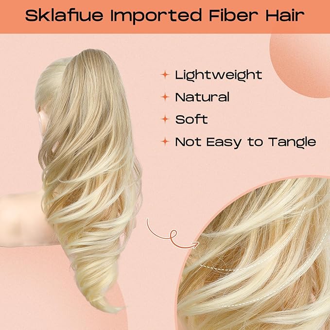 SEIKEA Ponytail Extension, 18" Wavy Claw Clip in Hair Extensions for Women, Lightweight Fluffy Synthetic Ponytail Hairpiece, Natural Soft & Easy to Wear, for Short & Medium Hair Sandy Blonde