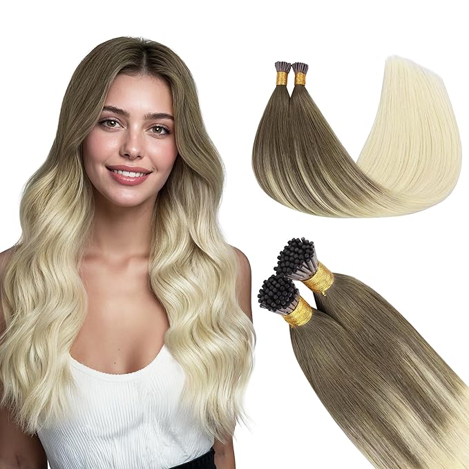 GOO GOO I Tip Hair Extensions - 18inch 100g 100S Cold Fusion, Invisible Remy Human Hair, 9/60 Balayage Ash Brown to Platinum Blonde