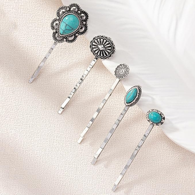 Women's Western Turquoise Hair Clips Set of 5 Decorative Bobby Pins Boho Hair Barrettes