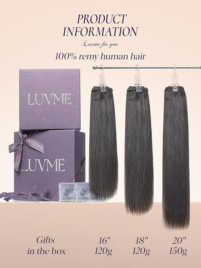 LUVME Handmade Weft Clip in Hair Extensions Human Hair 20 Inch 150g 9pcs Natural Black Straight Full Volume Seamless Blend, Firm Non-Slip Clips