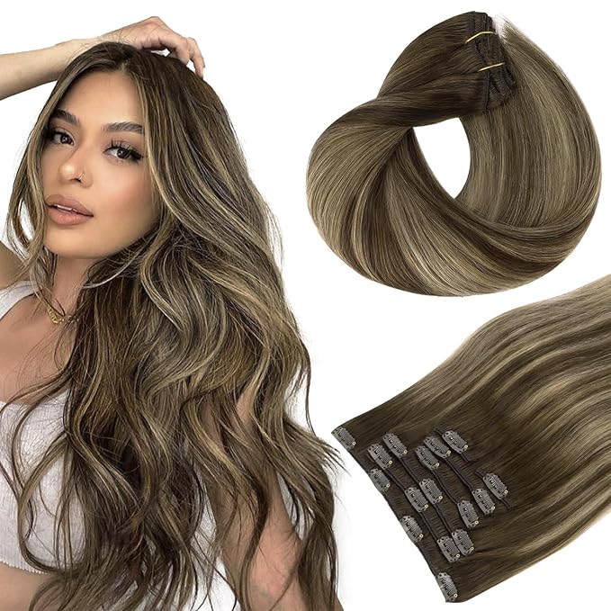 HOTBANANA Human Hair Clip in Hair Extensions, Balayage Chocolate Brown with Honey Blonde 130g Clip in Hair Extensions Real Human Hair Straight Remy Hair Clip Ins Dark Roots Ombre 26 Inch 7pcs