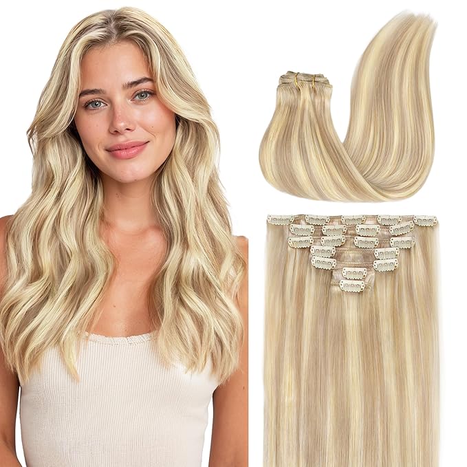 GOO GOO Clip in Hair Extensions Real Human Hair, Remy Human Hair Extensions Clip ins for Women, Natural Human Hair, 14inch 120g 7 Pcs, #18F/60A Balayage Light Wheat Platinum Blonde