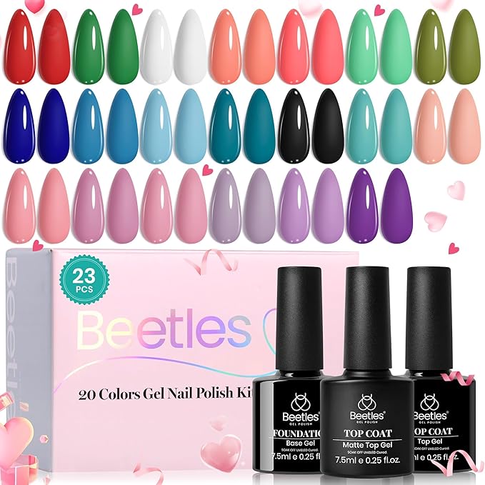Beetles Winter Gel Polish Christmas Gel Nail Polish 20 Colors Red Green White Black Nude with Base Top Coat Trendy Colors Uv LED Lamp Salon DIY at Home Nails Gifts for Women Vibrant Subtle