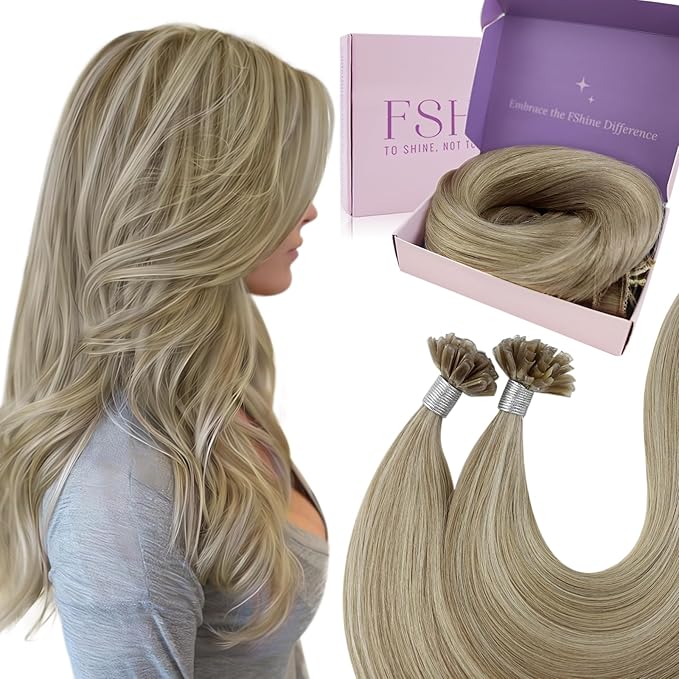 Fshine U Tip Remy Human Hair Extensions Color 16 Highlighted 22 Blonde 16 inch Pre Bonded Keratin Bondings for Extensions Hot Fusion Nail Tip 50g/50s