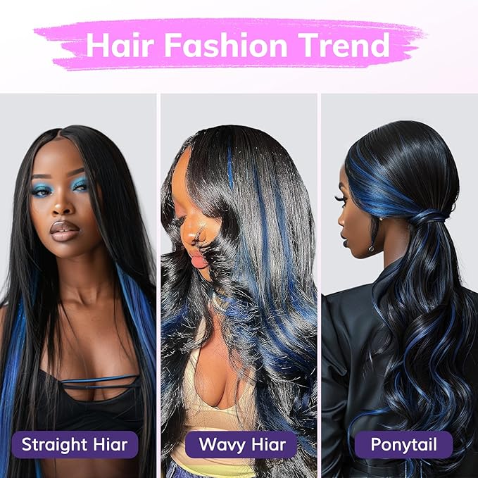 IDN BEAUTY Seamless Clip In Hair Extensions Real Human Hair, 16 Inch 30g 6Pcs Blue Straight Seamless Clip Ins For Black Women Colored Hair Extensions PU Weft Invisible Edge
