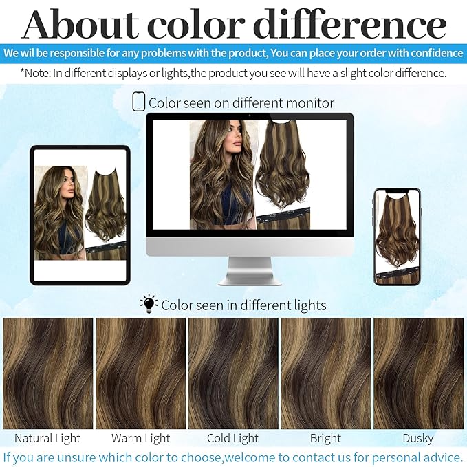KooKaStyle Invisible Wire Hair Extensions Long Straight Layered Synthetic with Transparent Wire Adjustable Size 6 Secure Clips Hairpieces for Women 20 Inch (Balayage Chocolate Brown to Caramel Blonde)