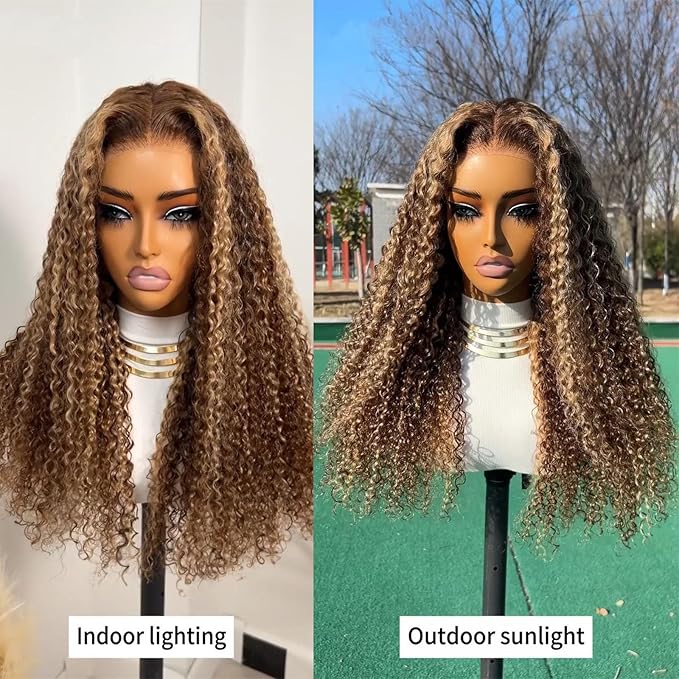 200 Density 13x6 Deep Wave HD Transparent Honey Blonde Ombre Lace Front Wigs 100% Human Hair Pre Plucked 4/27 Highlight Jerry Curly Wet And Wavy Human Hair Wigs For Black Women With Baby Hair 26 inch