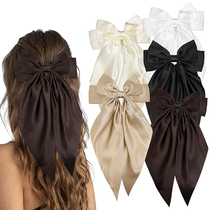 Brown Big Hair Bow for Women - 5Pcs Large Hair Clips for Girls Silky Satin Bows Set, Oversized Long Tail Cute Hair Ribbons Barrettes Aesthetic Hair Accessories Hairbows Gifts