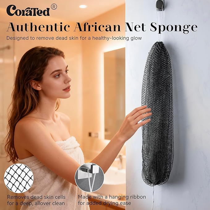 CORATED African Net Sponge Authentic, Shower Loofah Exfoliating Bath Sponge, Body Scrubber for Women and Men Daily Use Body Care, Travel Portable, Durable Bath Accessories for Bathroom (Black & Pink)