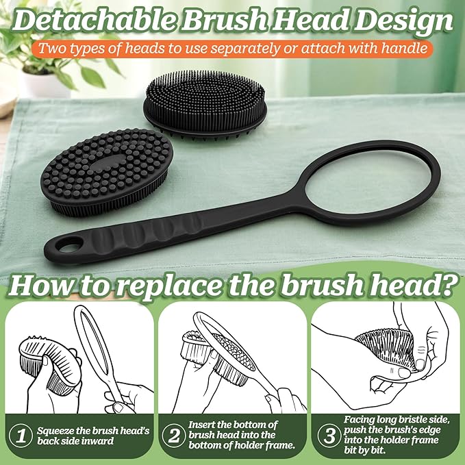 Silicone Back Scrubber for Shower, Gentle Exfoliating Body Scrubber & Back Washer with Handle, Silicone Loofah with Two Dual-Side & Replaceable Brush Heads(Blue-Two Heads)