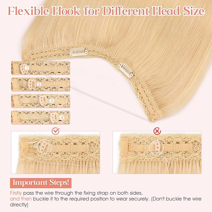 Hairro Wire Hair Extensions Human Hair, Fish Line Invisible Adjustable & Clips in Extensions Straight, 100% Real Hairpieces Seamless Blending for Women, 22 Inch 100g Bleach Blonde