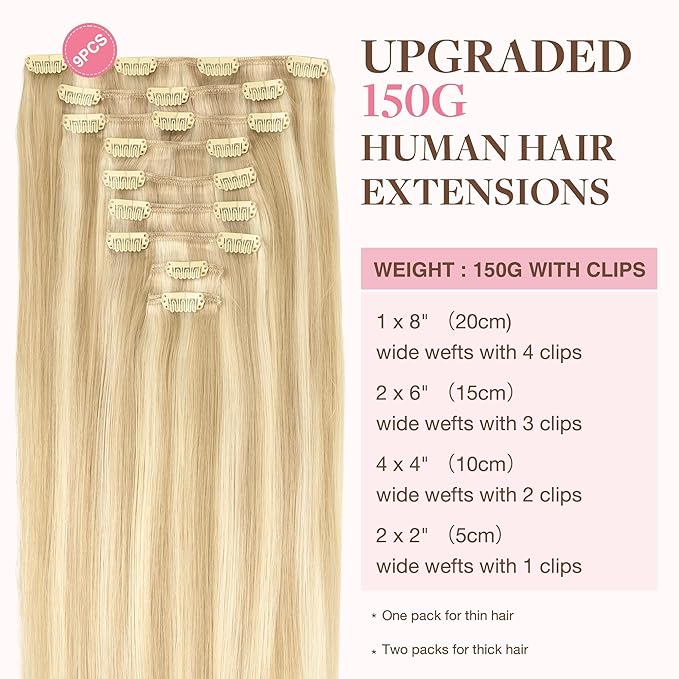 GOO GOO Clip in Hair Extensions Real Human Hair, Remy Human Hair Extensions Clip ins for Women, Natural Human Hair, 18inch 150g 9Pcs, 18A/613A Dark Blonde Highlighted Bleach Blonde