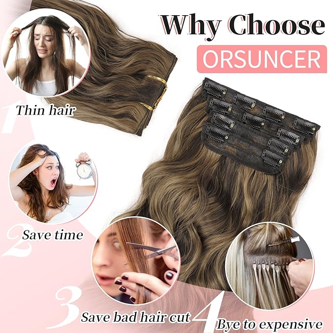 KooKaStyle Clip in Synthetic Hair Extensions Long Wavy 4PCS Thick Hairpieces Balayage Chocolate Brown to Caramel Blonde 10H26 Fiber Double Weft Natural Hair Extensions 16 Inch for Women