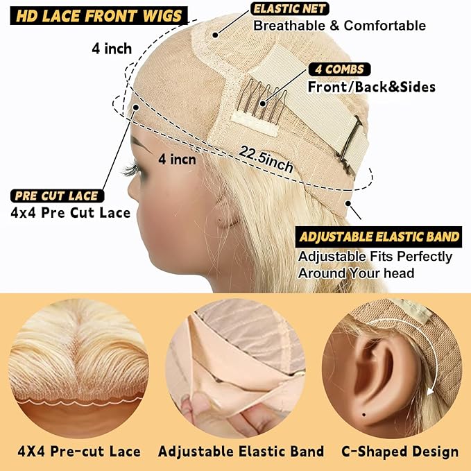 613 Lace Front Wig Human Hair 200 Density Blonde Glueless Wigs Pre Cut 34 Inch Blonde Wig Pre Plucked With Baby Hair Body Wave 4X4 Lace Closure Wigs For Women