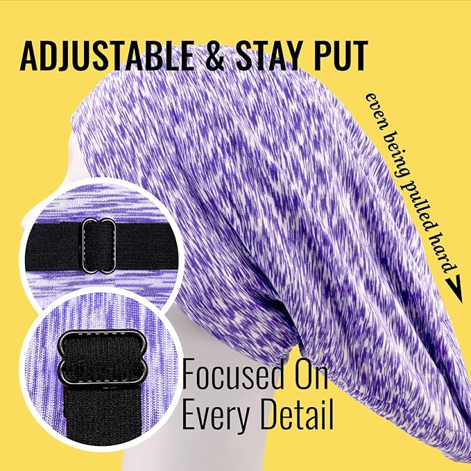 Satin Lined Sleep Cap Bonnet for Curly Hair and Braids, Stay On All Night Hair Wrap with Adjustable Strap for Women and Men, Black and Purple, Pack of 2