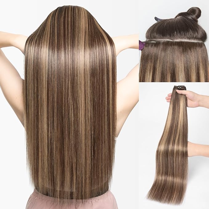 LUVME Invisible Clip in Hair Extensions Real Human Hair, 18 inch 110g 6Pcs, Natural Chestnut Brown Highlights Human Hair Extensions Clip ins for Women, Natural Seamless Straight Human Hair